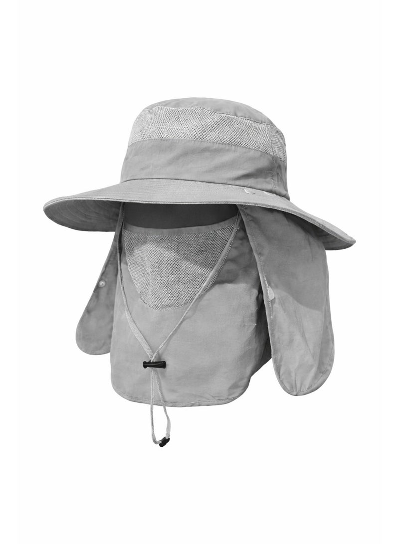 Remart Safari Cap – Grey Outdoor Sun Protection Hat with Wide Brim, Detachable Face & Neck Cover, Breathable Mesh, Adjustable Chin Strap (UPF 50+) - Image 1